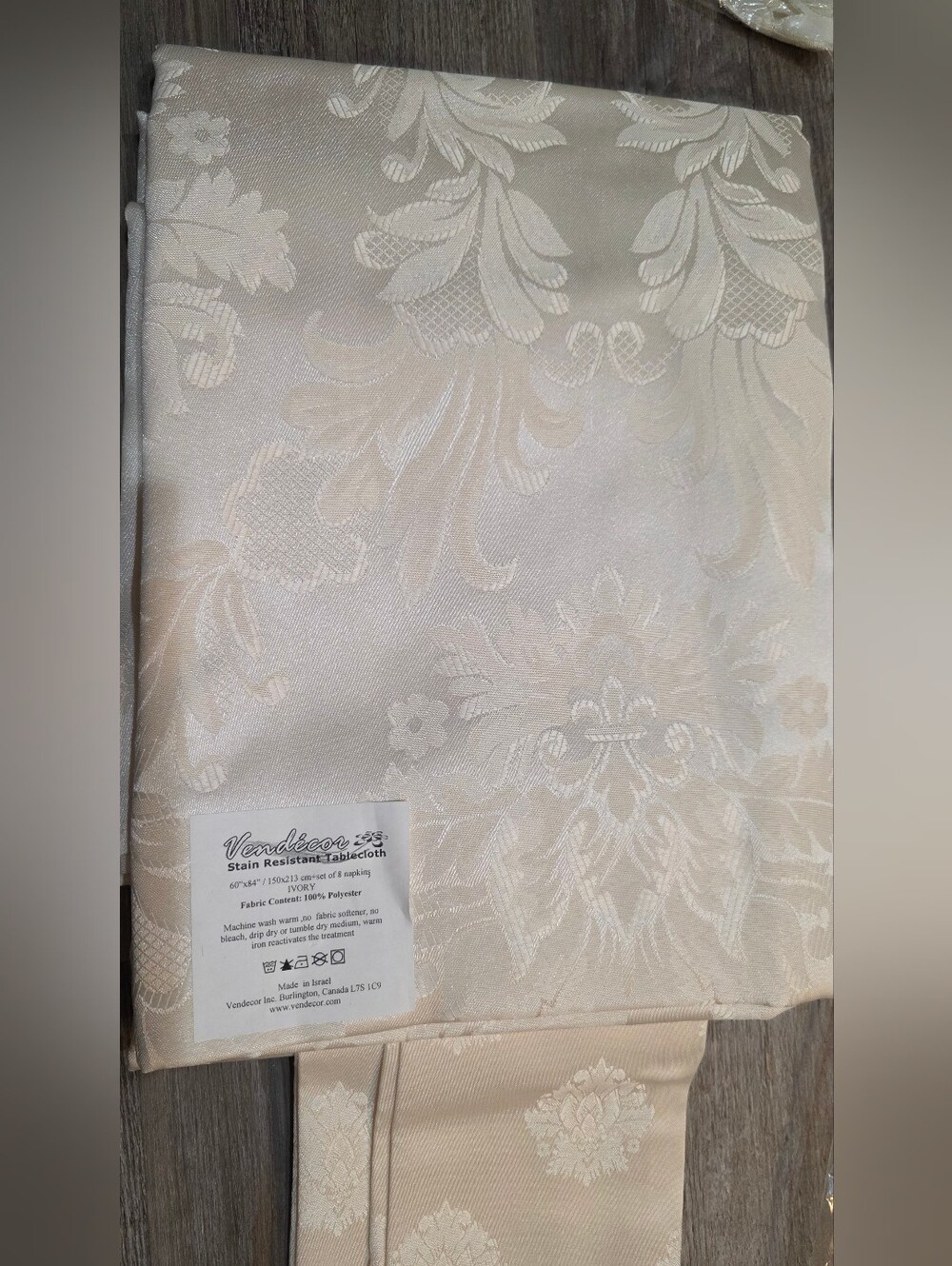 New Ivory Damask Stain-Resistant Tablecloth Set
